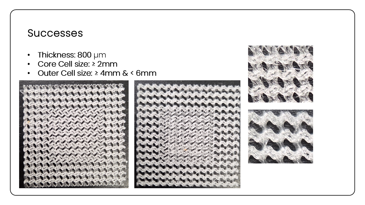 Successes — thickness 800 µm, core cell ≥ 2 mm, outer cell ≥ 4 mm and < 6 mm