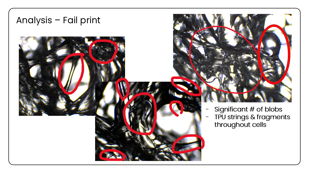 Analysis of a failed print — significant number of blobs, TPU strings and fragments throughout cells